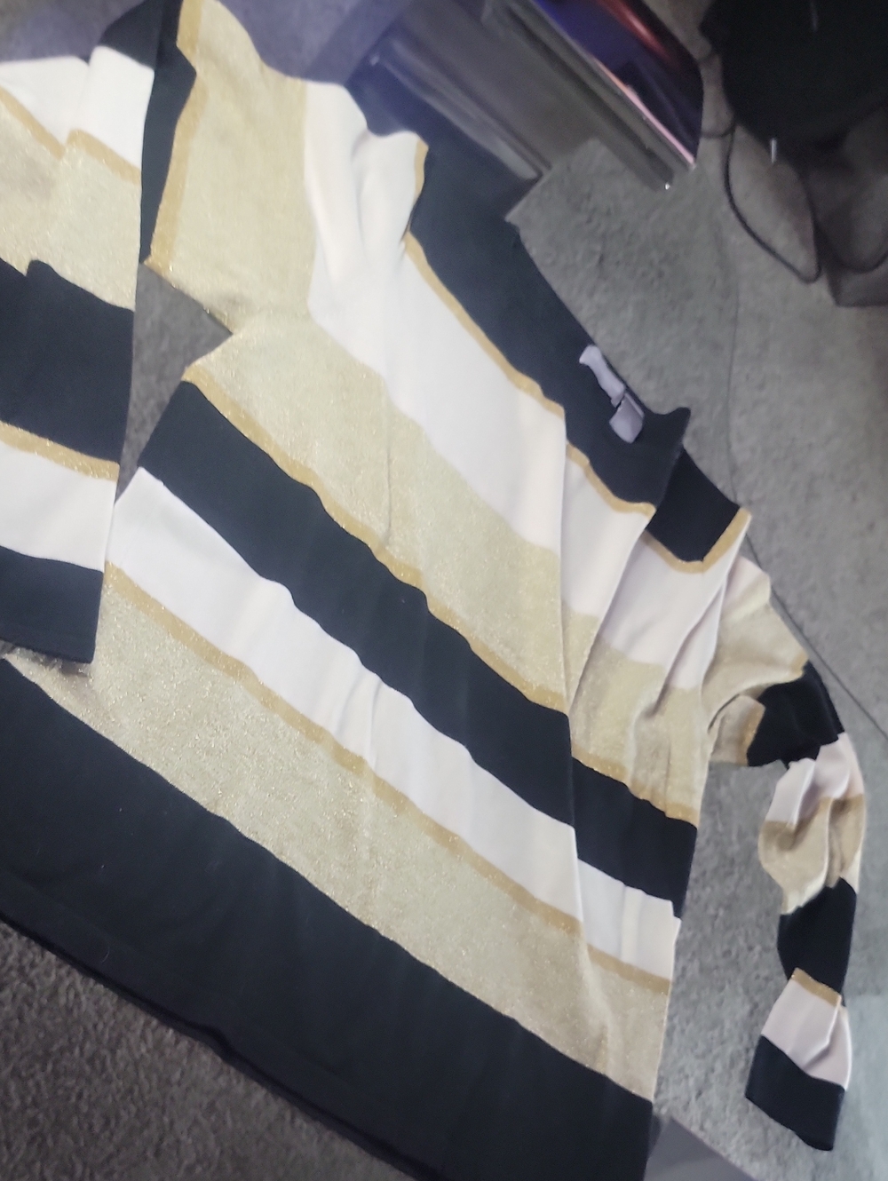 Liz Claiborne Metallic Stripe Crewneck Sweater in Black, White & Gold